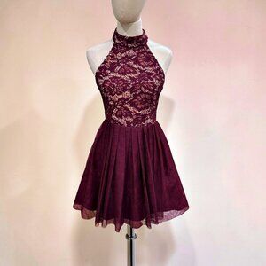 Burgundy Lace Halter HOCO Dress Fit Flare Tulle Skater Formal MINI Coquette Prom